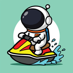 Cute Astronaut Riding Jet Ski Illustration for Space Cartoon Character and Summer Adventure Concept