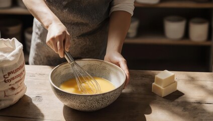 Woman in an apron whisking eggs in a ceramic bowl on a rustic wooden table.