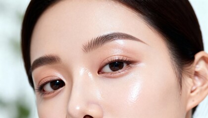 Radiant Skin Beauty Close-Up - Minimalist Makeup with Glossy Finish and Natural Glow Showcasing Flawless Complexion and Subtle Elegance.
