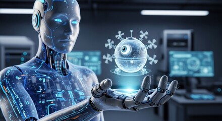 Futuristic android holds glowing orb with digital eye and viral spikes