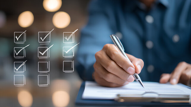 Businessman filling out online employee evaluation form. HR management concept for recruitment, leadership assessment and team building in digital workplace.
