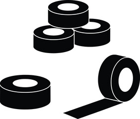 Rolls of black electrical tape stacked isolated on white surface