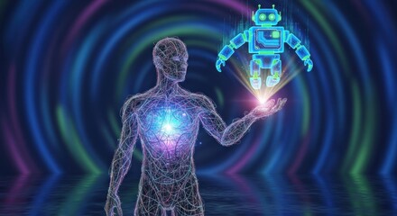 A glowing, wireframe human figure holds a holographic robot aloft, within a swirling vortex