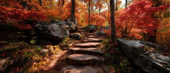 Stone steps pathway in a forest during autumn