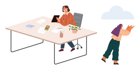 Office scene with a woman working at a desk and a person walking with a paper plane. Ideal for productivity, creativity, teamwork, leadership, innovation, motivation, focus. Simple flat metaphor