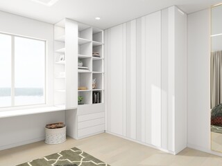 Modern white minimalist room with built-in shelves, wardrobe, and a desk by the window. Bright, clean design with natural light and simple, elegant decor