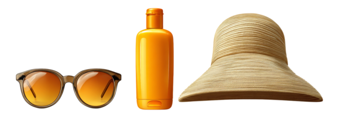Summer Essentials with Sunglasses, Sunscreen, and Hat