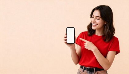 Young happy woman she wear red t-shirt casual clothes hold in hand use point finger on mobile cell phone with blank screen workspace area isolated on plain pastel beige background. Lifestyle concept