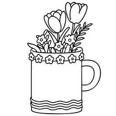 Flowers Bouquet in Decorated Coffee Mug Outline Vector Illustration on White Background