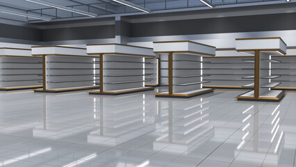 Supermarket interior mockup featuring rows of white gondola shelving with wood-grain edges and toppers. 3d illustration