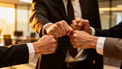 Cropped of a business teams hands clasped together in a fist bump, showcasing their camaraderie and unity. The image captures the essence of teamwork and collaboration in a professional setting.