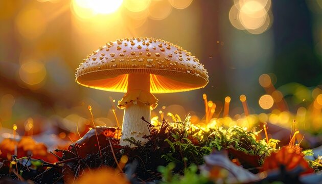 Close Up of a Brown Dotted Mushroom Surrounded by Leaves and Moss with a Blurred Golden Light Background in Nature - Powered by Adobe