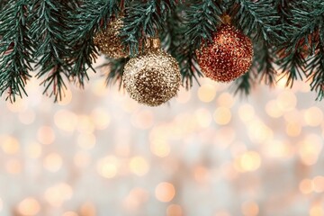 Obraz premium Christmas tree decorations on a bokeh background.