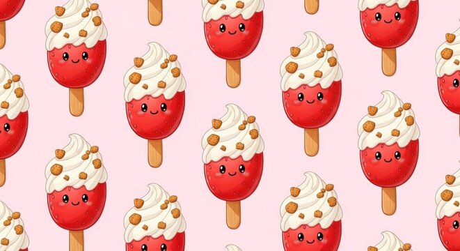 A seamless pattern of smiling red popsicles with swirled white tops and crumbly sprinkles on a pink field