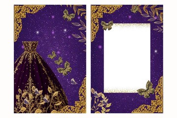 Elegant purple and gold high heel invitation with sparkling floral design, glitter balloons, and luxury stiletto shoe. Perfect for sweet sixteen, birthdays, and glamorous royal celebrations.