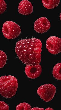 Pattern of fresh raspberries falling on a black background
