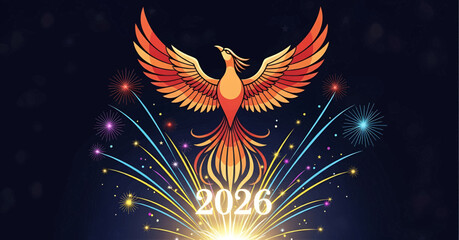 A majestic phoenix with fiery wings rises above a burst of colorful fireworks and a glowing '2026' on a dark background, symbolizing celebration and renewal.