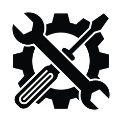 Black Silhouette Icon of Tools and Gear Cog for Repair and Maintenance Services