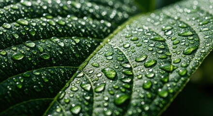 Macro view of vibrant green leaf surface covered in glistening dew drops