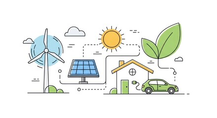 Eco-friendly home powered by wind, solar energy, and an electric car