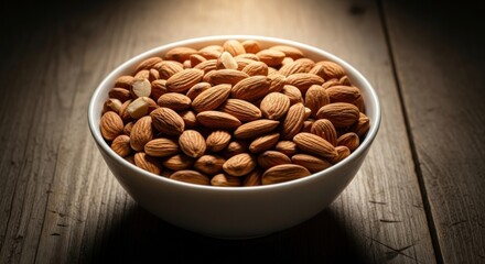 A white bowl overflowing with roasted, textured nuts rests on a rustic wooden surface