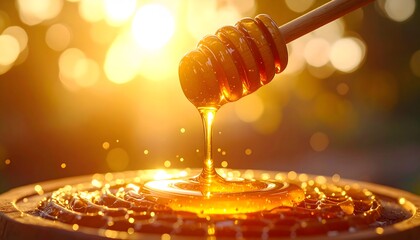 Golden Honey Drizzling from a Wooden Dipper, Capturing Sweetness and Light.