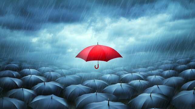 Standing out conceptual shot with a red umbrella in a rainstorm