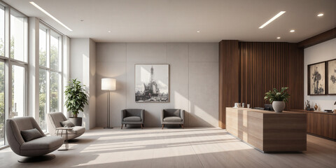 Bright, contemporary reception area with plush armchairs, a wooden reception desk, and light gray walls. Accent lighting from the ceiling