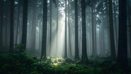 Fototapeta premium Sunlight filtering through a misty, dark forest creating a magical and serene atmosphere.