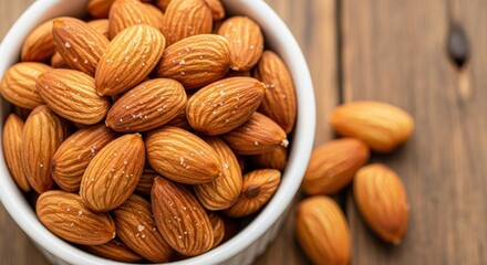 A close-up, top-down view of a white bowl brimming with roasted, salted nuts