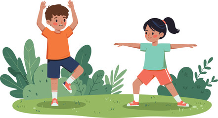 Children exercising outdoors on green grass, kids stretching arms and legs in nature, healthy lifestyle, outdoor fitness activity, childhood wellness, summer play, active youth, fun