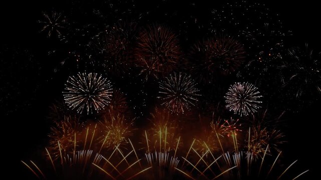 Real shining fireworks celebration background. golden firework new year's eve countdown festival sky display night festival Christmas, Diwali, Ramadan glitters Bokeh Logo title reveal Intro Fireworks
