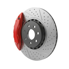 Precision engineered brake disc and caliper featuring detailed venting and red paint against an