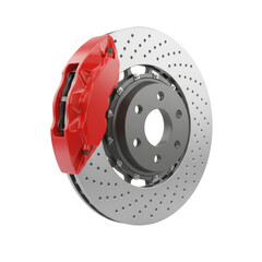 Detailed illustration of automotive brake disc with red caliper on transparent isolated background