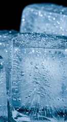 Closeup of clear ice cubes with trapped air bubbles creating a refreshing and cool visual texture.
