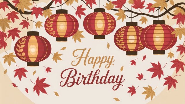 Celebrate with festive birthday wishes featuring hanging lanterns and colorful autumn leaves creating a warm and cheerful ambiance for a special day