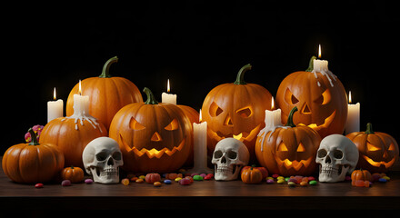 Still life of a table decorated with pumpkins, melting candles, skulls and colorful candies, product photography with a dramatic black background6