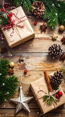 Christmas Gifts and Decorations on Rustic Wooden Background.