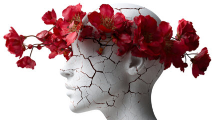 Cracked head with floral crown, isolated on transparent background