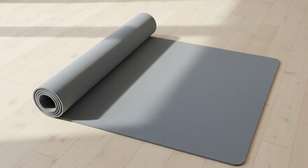 A grey yoga mat is unrolled on a wooden floor with sunlight casting shadows for commercial usage and mockups
