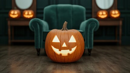 Abandoned Victorian Gothic Halloween parlor with cracked mirrors, dusty furniture, and glowing jack-o-lanterns.