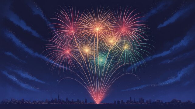 Spectacular fireworks over the cityscape create a sense of celebration and wonder, perfect for capturing festive moments and joyful events with vibrant color