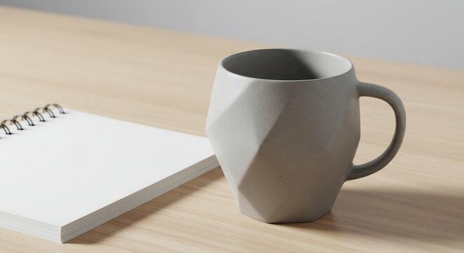 A modern geometric gray mug sits next to a spiralbound notebook on a wooden desk for commercial usage and mockups