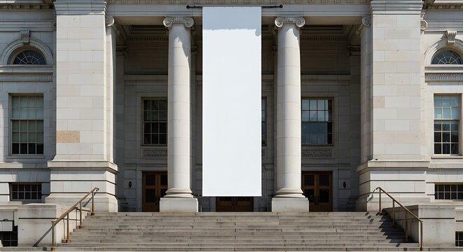 Grand stone building facade with large white banner hanging between columns for commercial usage and mockups