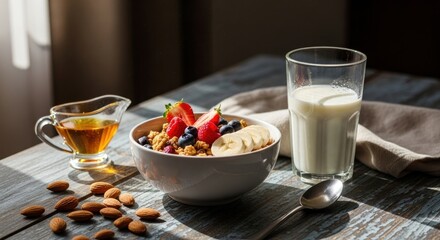 Healthy breakfast granola, fresh berries, banana, milk, honey, almonds on a wooden table, dappled light