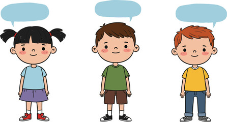 Cartoon children illustration with empty speech bubbles, diverse kids standing together, educational classroom activity design, communication concept, learning resource, 