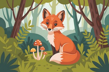 A charming illustration of a red fox sitting in a lush green forest surrounded by trees and mushrooms.