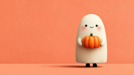 Cute Halloween ghost character holding pumpkin on pink textured background, whimsical festive design for wallpaper or poster