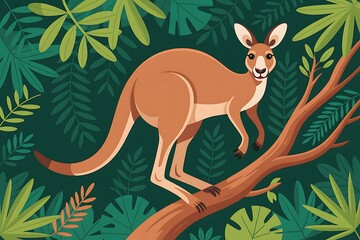 Illustration of a kangaroo standing on a tree branch in a jungle.