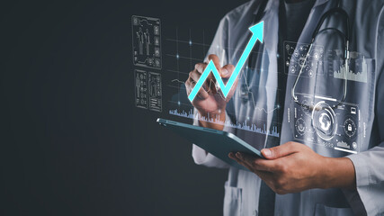 Doctor using tablet analyze patient data on virtual screen. Medical technology shows health data analytics, growth chart success. Healthcare innovation for future diagnosis and treatment concept.